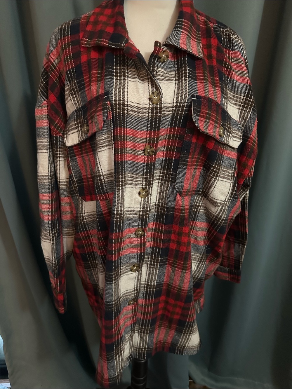 Taxi Womens 1X Plaid Flannel Shacket Red Navy 100% Cotton Button Up Shirt